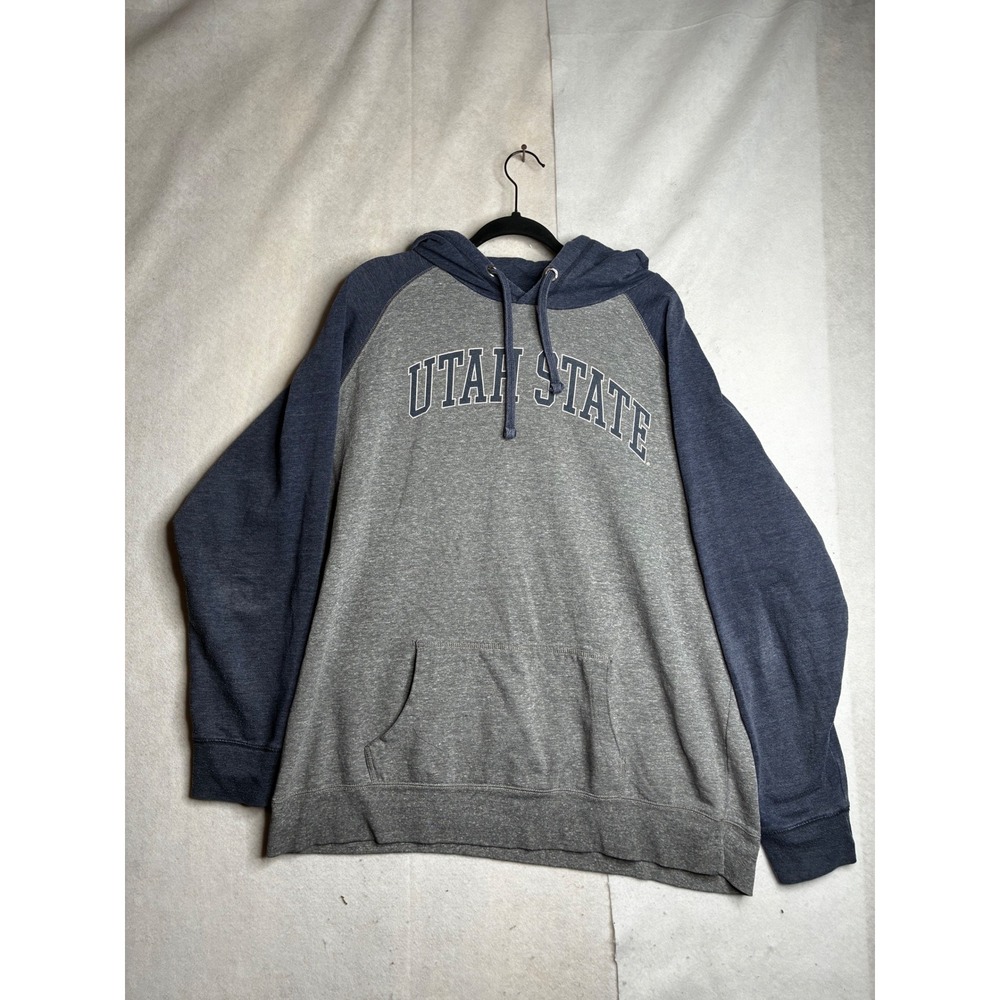 League Utah State University Aggies Triblend Raglan Hoodie Gray Navy 2XL